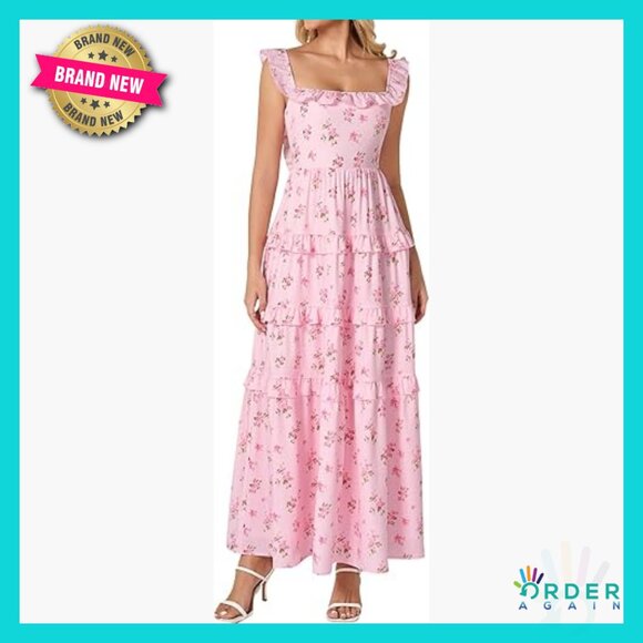Floral Boho Maxi Dress Tiered Ruffle Smocked Back Square Neck Casual Sundress